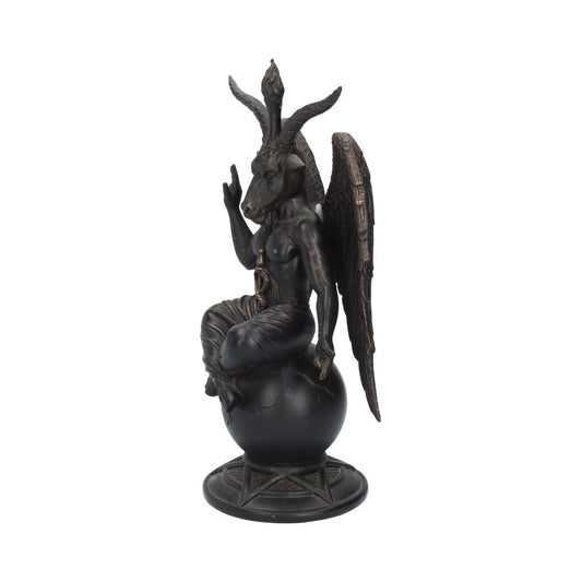 A Baphomet statue sits atop a globe, raising one hand in a gesture. The statue is dark-colored and features goat-like features and wings, set against a white background.
