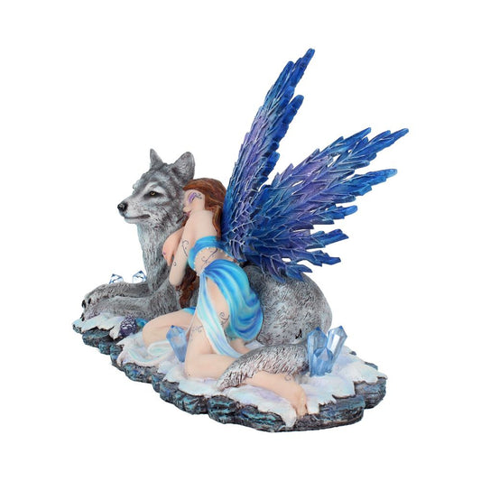 A fairy with large blue wings kneels beside a gray wolf, resting on a snowy base with blue crystals, creating a mystical scene.