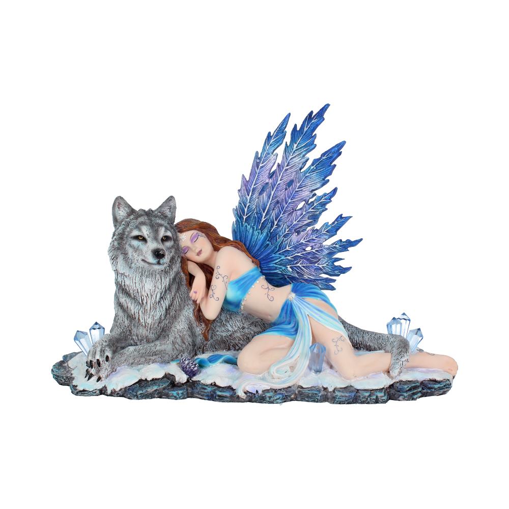 Fairy with purple wings and a blue outfit rests against a seated wolf, surrounded by icy terrain and crystalline structures.