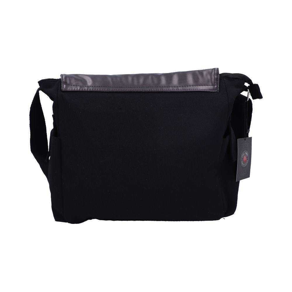 A black messenger bag is displayed, flap-closed, facing the viewer, with a dark grey leather flap and hanging product tags. The bag is posed on a solid white background.