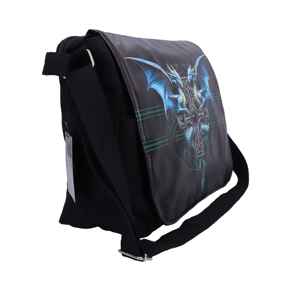 A black messenger bag features a flap with a design depicting intertwined blue dragons around a Celtic cross, on a white background.