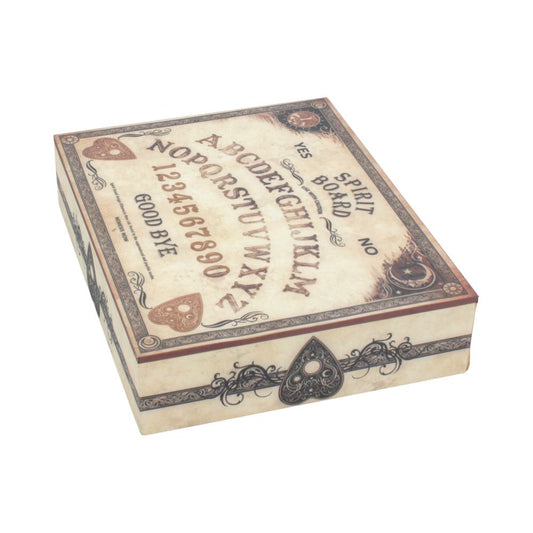 A rectangular spirit board box featuring alphabetic and numeric sequences, ornate designs, and words "YES," "NO," "SPIRIT BOARD," and "GOODBYE," lying flat. The background is a vintage, decorated style.