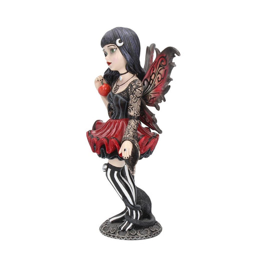 A fairy figure with red wings holds a red apple. She wears a black corset, red skirt, and striped stockings. A black cat sits at her feet on a patterned base.