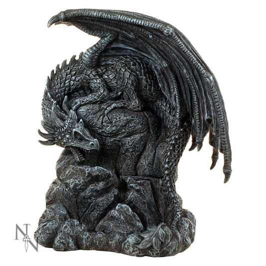 A grey dragon figurine rests on a rocky outcrop; its wings are spread.