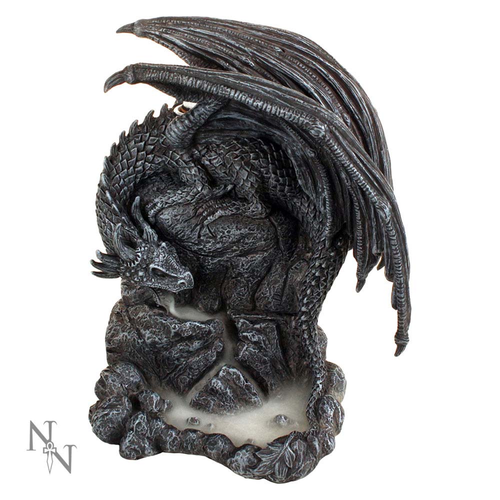 A gray dragon figurine, coiled on a rock, emits incense. The dragon's wings are outstretched; the setting is a rocky base.
