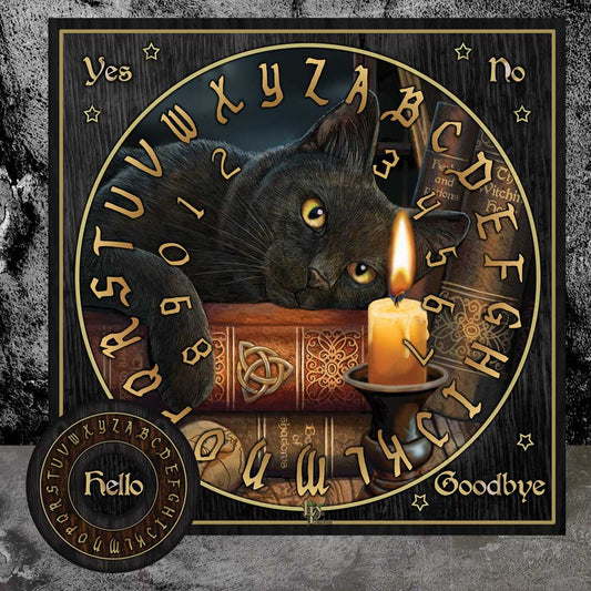 A black cat rests on books within a Ouija board's alphabet circle that reads, "Yes," "No," "Hello," and "Goodbye". A lit candle sits beside the cat on top of the books.