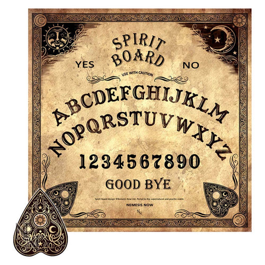 A spirit board displays the alphabet, numbers, "YES," "NO," "GOOD BYE," surrounded by ornate designs. A planchette with a sun and moon motif rests nearby. Text: "Spirit Board, Use with Caution, Nemesis Now."