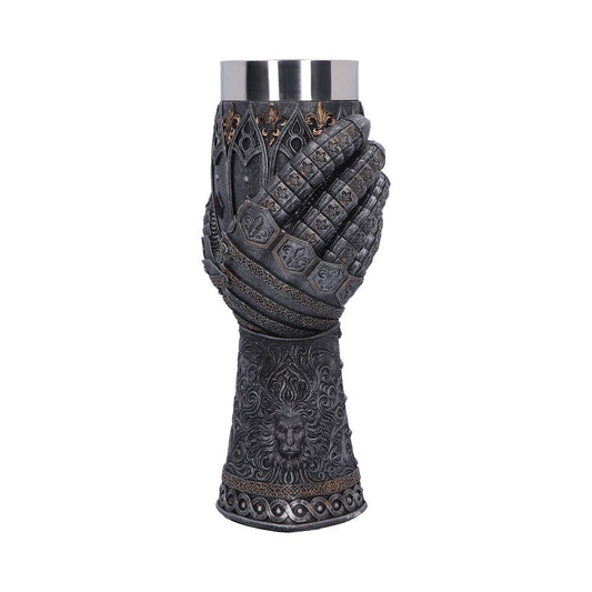 A gray, heavily ornamented cup has a stainless steel interior and an exterior designed to look like an armored gauntlet is clutching it, sitting against a white background.