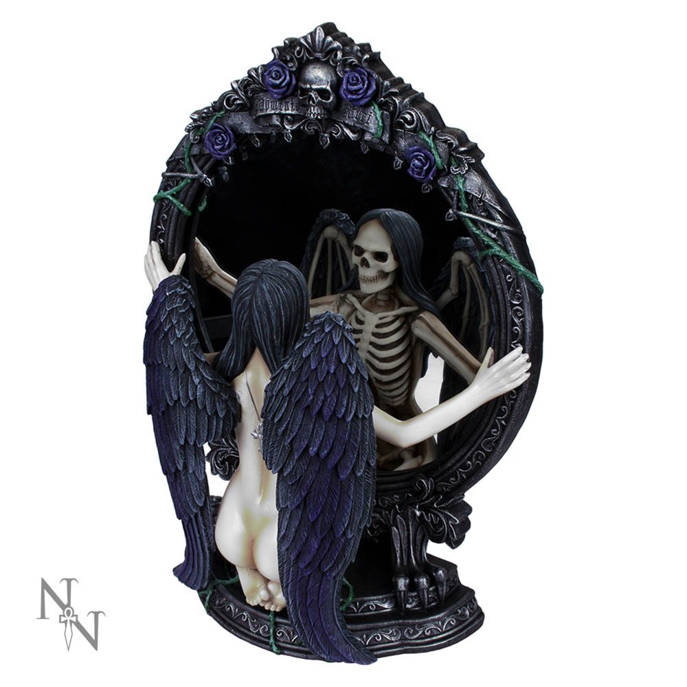 A winged nude figure touches a gothic mirror, in which a winged skeleton is reflected. The ornate frame has floral and skull designs.
Text: “TRUE LOVE”