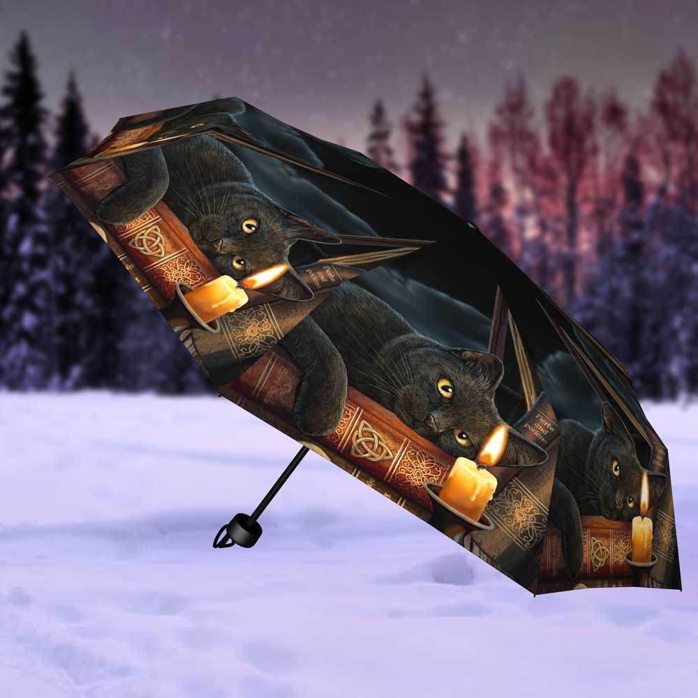 A black umbrella with cats lying on spellbooks is shown on snow. Each cat has a lit candle beside it, with text on books that reads "herbs and potions". Evergreen trees and a dusky, starlit sky are in the background.