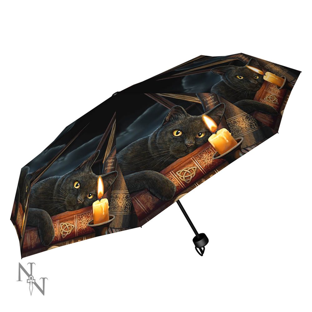 The umbrella is printed with black cats lying on spell books next to lit candles. The books read "herbs and potions", and "the chart of souls". The background is dark.