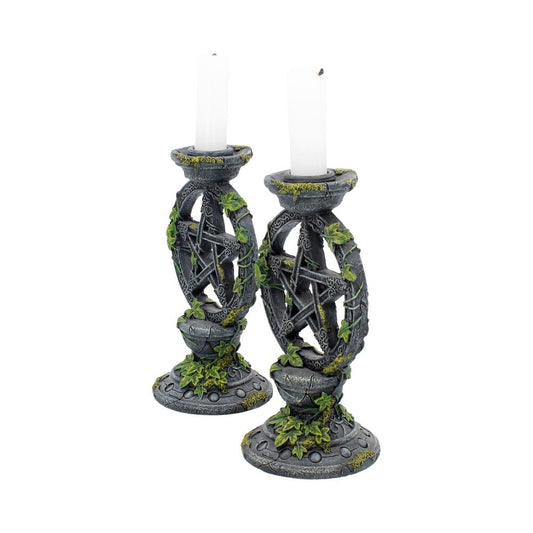 Two stone pentagram candlesticks hold unlit white candles, vines and moss winding around carved rings and bases, standing on a plain white background.