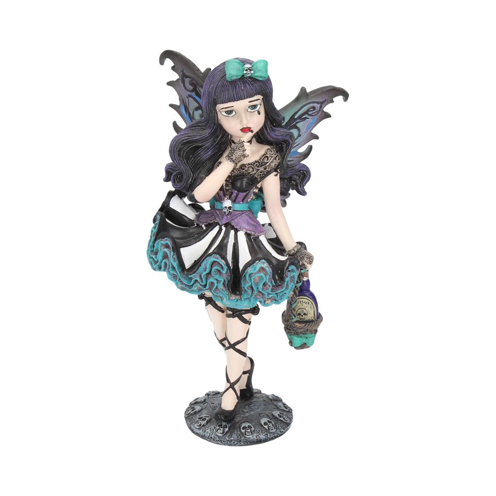 A gothic fairy holds a "POISON" bottle while standing. The figurine has detailed wings, black hair with a green bow, a dress with skull accents, and stands on a skull-covered base.