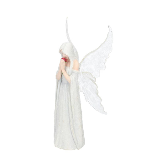 A white-winged figurine of a woman in a long, flowing dress holds a red rose to her face, standing gracefully against a plain white background.