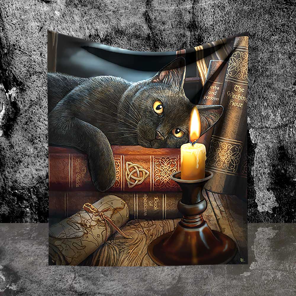 A black cat lies on several books: "The Spirit Guide," "Book of Spells," "Herbs and Potions," and "The Witching Hour." A lit candle sits on a black candle stand. A scroll lies near the books.