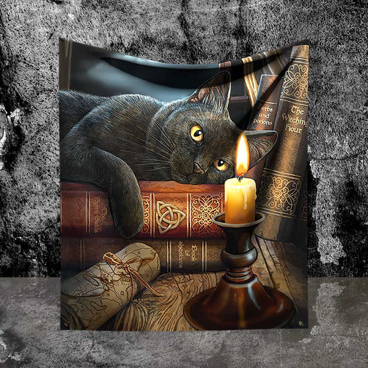 A black cat lies on several books: "The Spirit Guide," "Book of Spells," "Herbs and Potions," and "The Witching Hour." A lit candle sits on a black candle stand. A scroll lies near the books.