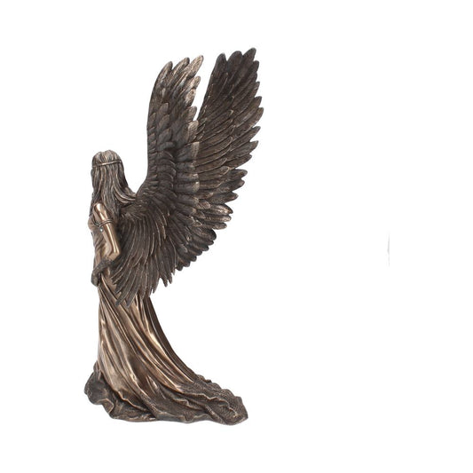 A bronze-colored angel figurine stands with massive wings unfurled from her back, set against a plain white background.