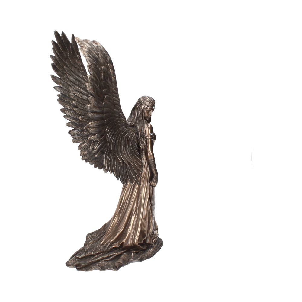 A bronze angel statue stands, head bowed slightly, one wing open, while the other wing is nestled next to the angel's body. The background is solid white.