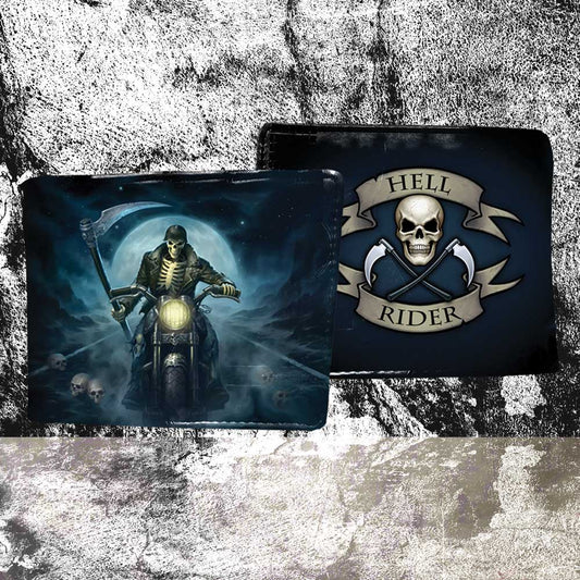 Two wallets are displayed against a mottled background. One depicts a skeleton riding a motorcycle under a full moon; the other shows a skull with crossed scythes and the words "HELL RIDER."