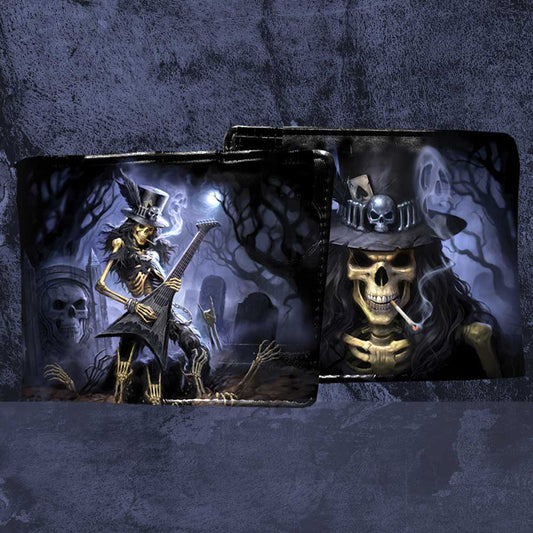 Two wallets depict skeletal figures; one plays a guitar in a graveyard, the other smokes a cigarette. Both are in dark, gothic settings.