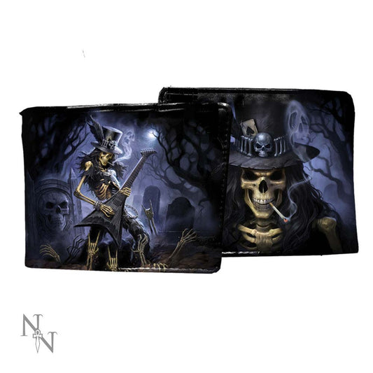 Two bi-fold wallets display a skeletal guitarist in a graveyard; one shows a full-body image, the other a close-up. Both feature a dark, gothic aesthetic.