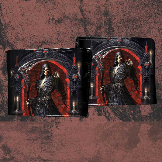 Two wallets display a Grim Reaper gesturing against a fiery, gothic backdrop; lit candles and skulls adorn the scene.