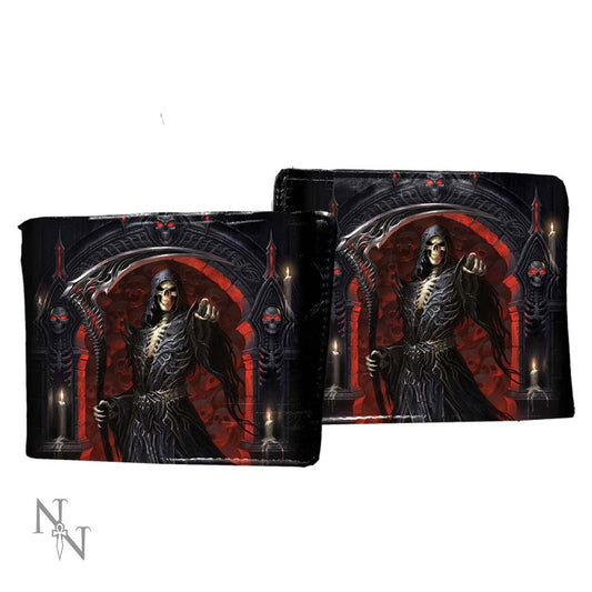 Two bi-fold wallets display a grim reaper gesturing in a gothic archway; candles and skulls surround him. The scene is dark and red.
