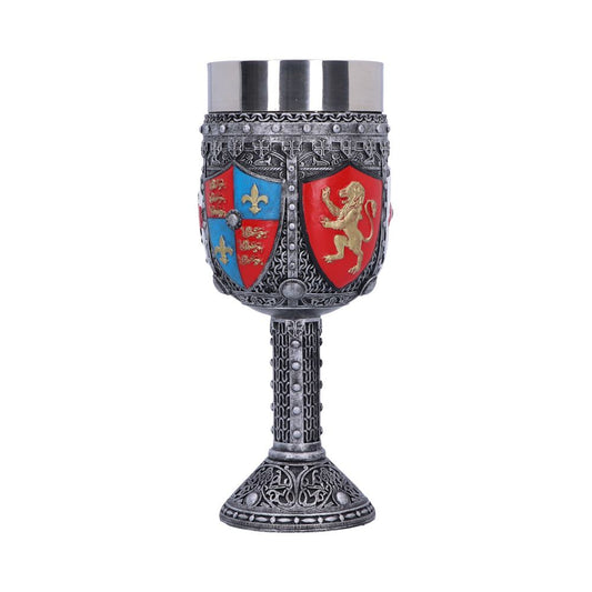 A goblet displays heraldic shields featuring fleur-de-lis and rampant lions on its body, resting on a filigreed pedestal against a plain white background.