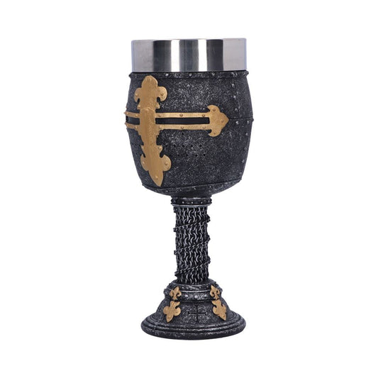A decorative medieval chalice, primarily gray and gold, stands in front of a white background. Its stem is made of chainmail.