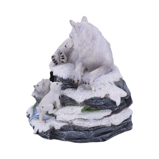 A white wolf rests on a snow-covered rock, watching two cubs below. The figurine is set against a plain white background.