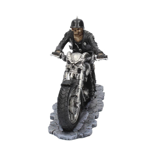 A skeletal figure, wearing a helmet and leather jacket, rides a skull-emblazoned motorcycle. The motorcycle travels over a stone-paved surface, set against a plain white background.