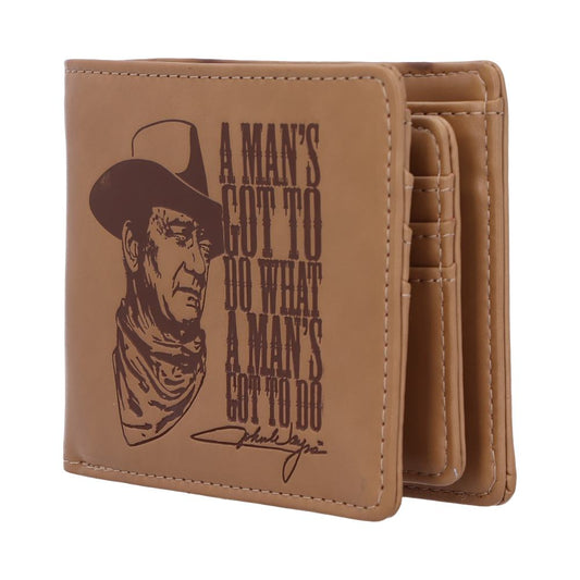 A tan leather wallet features an engraved cowboy's face beside the text, "A MAN'S GOT TO DO WHAT A MAN'S GOT TO DO," accompanied by an unreadable signature.