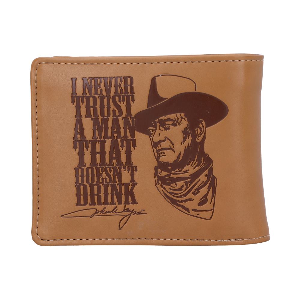 A tan wallet features a dark brown illustration of a cowboy beside the text: "I NEVER TRUST A MAN THAT DOESN'T DRINK," with a signature below.
