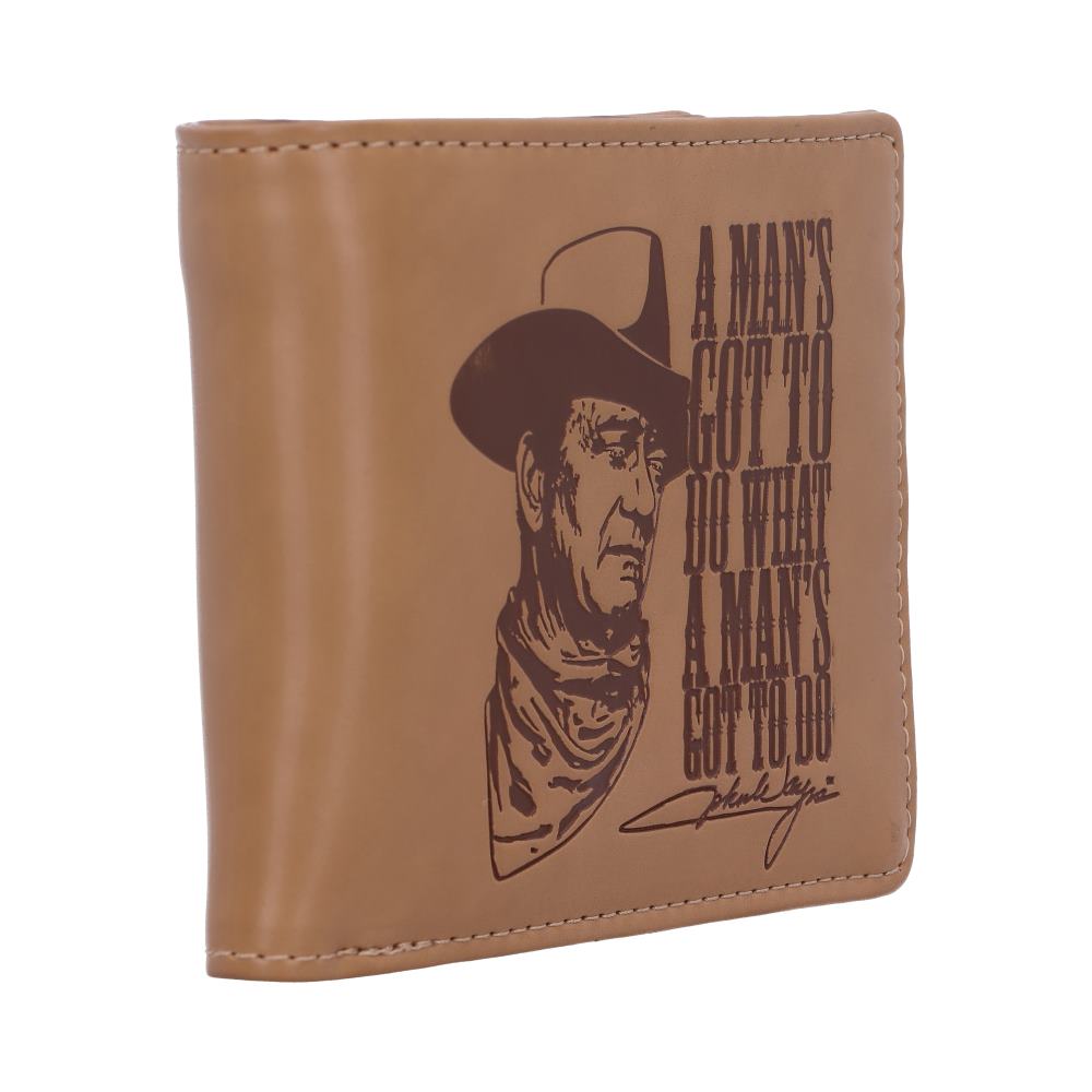 A tan wallet features an embossed depiction of a man in a cowboy hat with the text, "A MAN'S GOT TO DO WHAT A MAN'S GOT TO DO" and a signature below.
