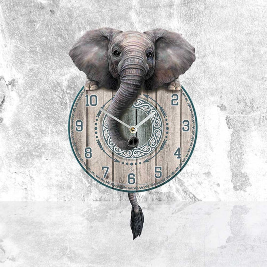 An elephant appears to sit on top of a round clock with the numbers 2, 3, 4, 5, 6, 7, 8, 9, and 10 on a pale gray, marbled background. The elephant's trunk hangs down as part of the clock.