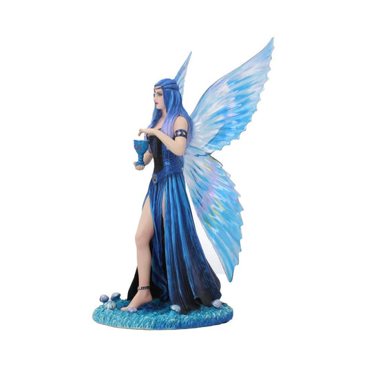 Fairy statue stands on a round base, holding a chalice. It features blue wings and a flowing blue dress, with mushrooms scattered at her feet.