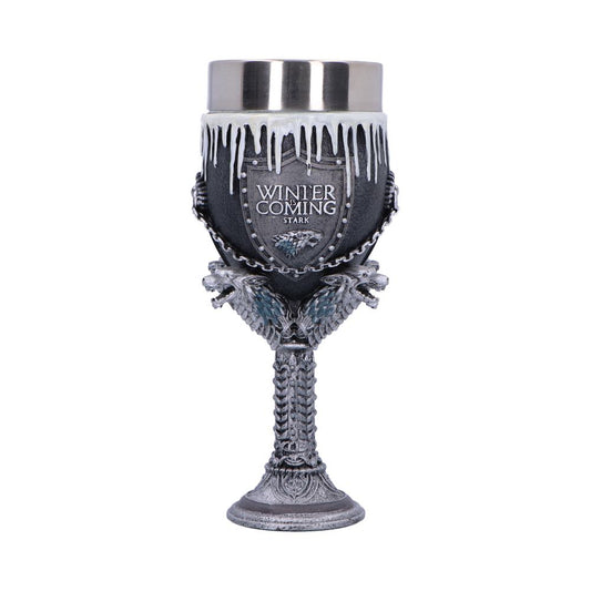 Ornate goblet stands upright on a white background, featuring icicle trim and direwolf motifs; shield reads "WINTER IS COMING STARK".