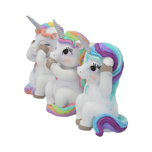 Three unicorn figures, side-by-side, sit in a row in front of a white background. One covers their eyes, one covers their mouth, and one covers their ears.