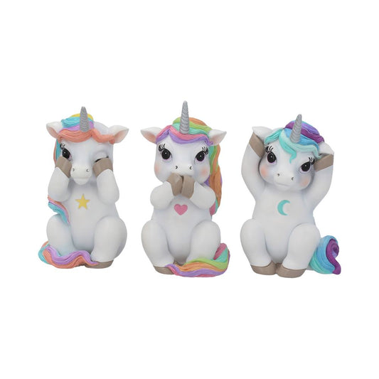 Three Wise Cutiecorns Figurines – hand-painted resin cutiecorn trio in see no evil, hear no evil, speak no evil poses