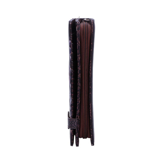 A brown wallet with a zipper stands upright against a white background.