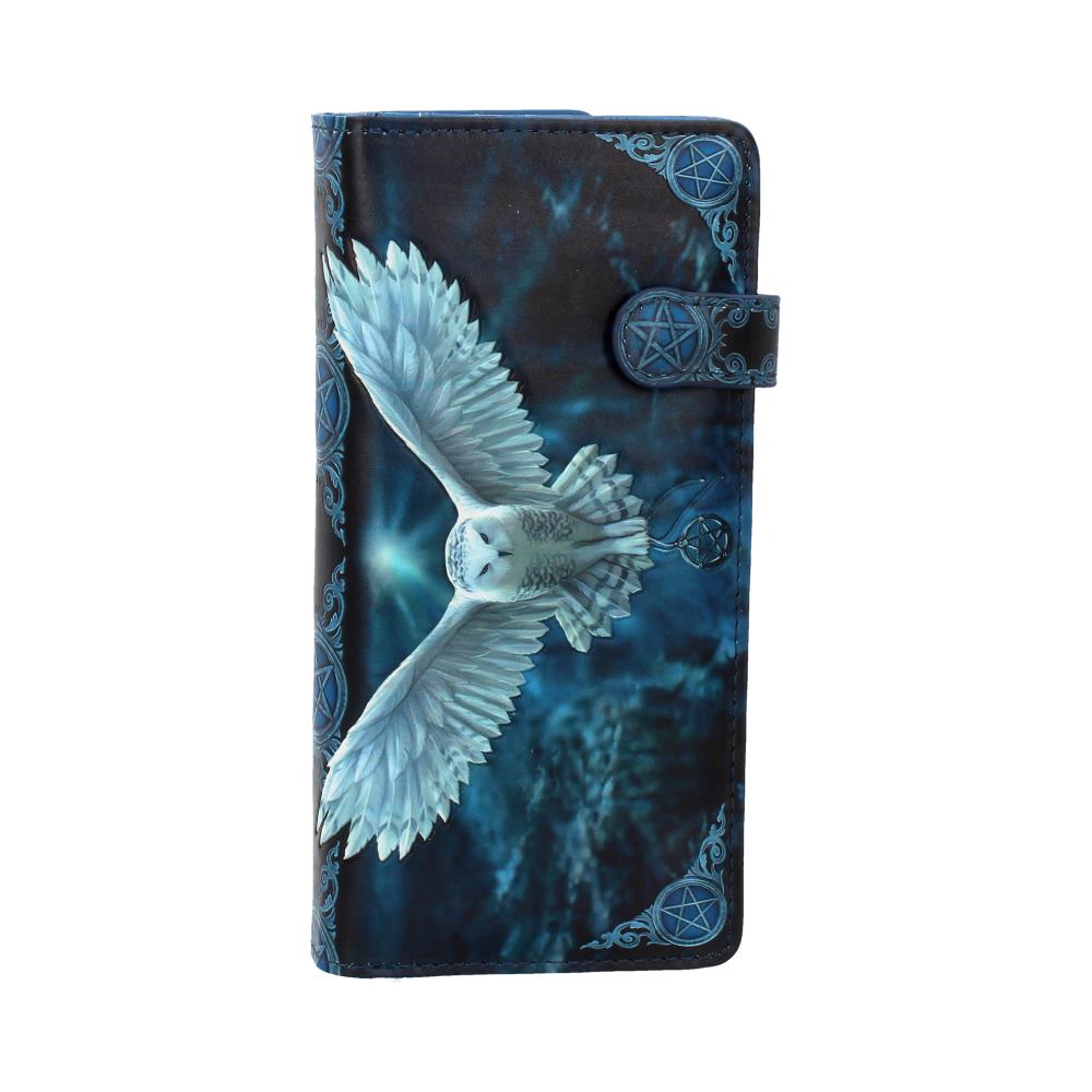 A wallet, featuring a snowy owl in flight against a dark blue background, is displayed.  The wallet is decorated with pentagrams.