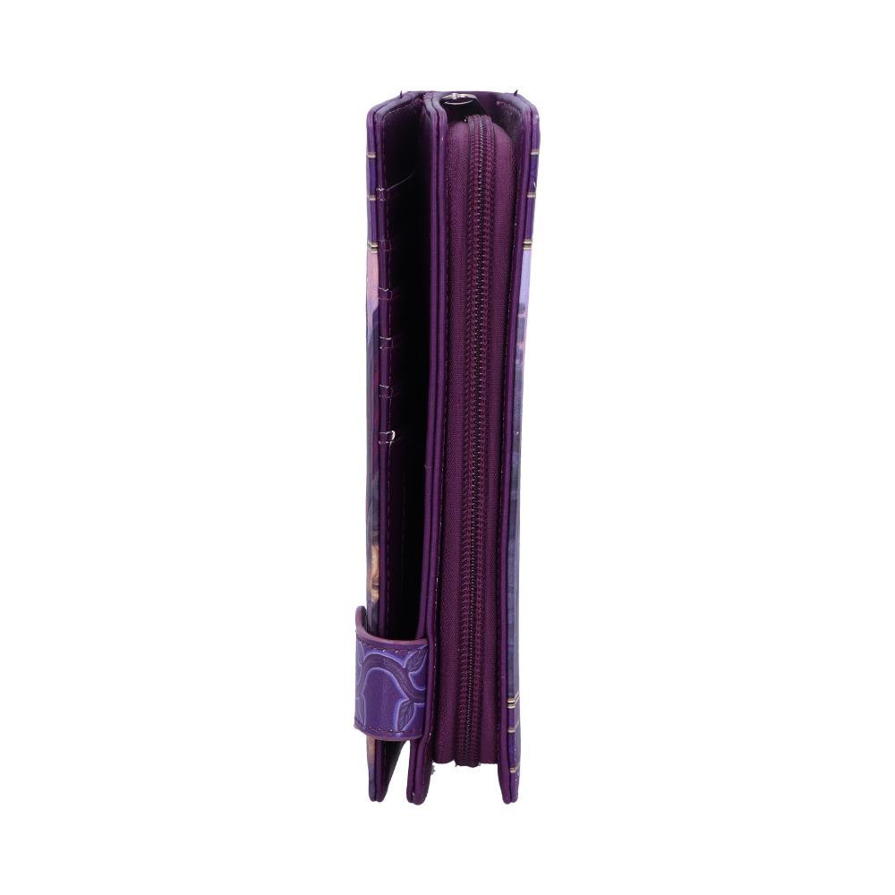 A purple wallet stands upright, zipped closed, against a white background.  The wallet has a floral pattern and a clasp.