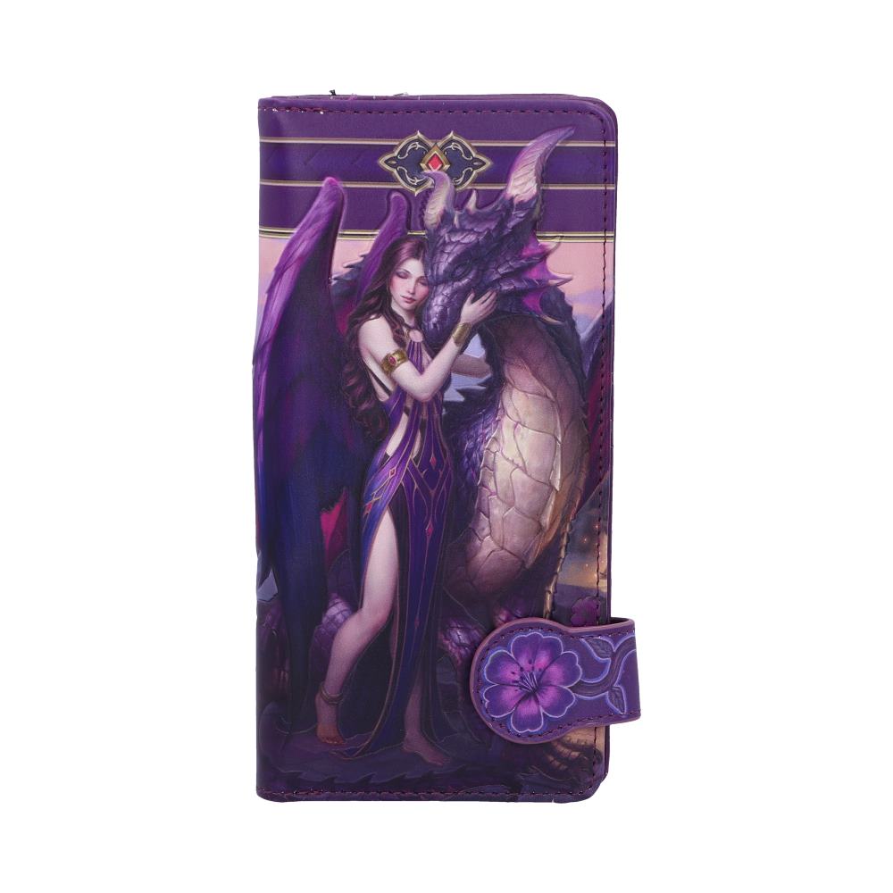 A purple wallet displays a woman embracing a dragon; a fantasy scene against a sunset backdrop.
