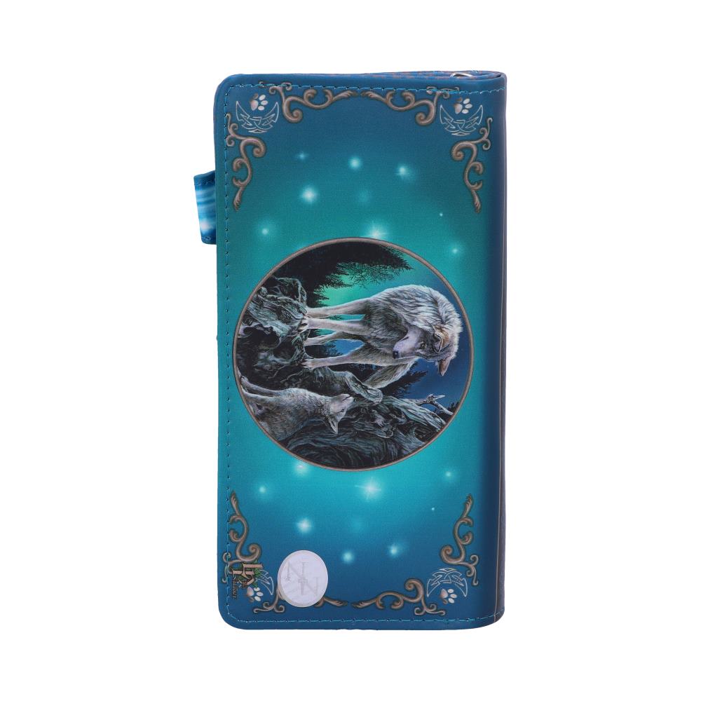 A teal wallet displays a circular image of wolves on a moonlit hill; the wallet is closed and oriented vertically.