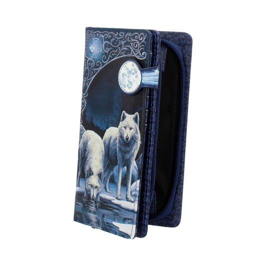 A navy blue wallet, featuring a nocturnal scene of two white wolves by a moonlit pond, rests on a white background.
