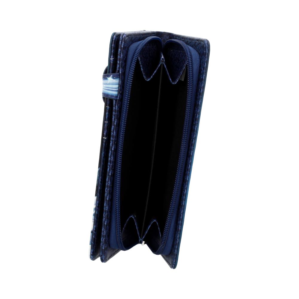 A navy blue wallet lies open, displaying its empty interior compartments against a white background.