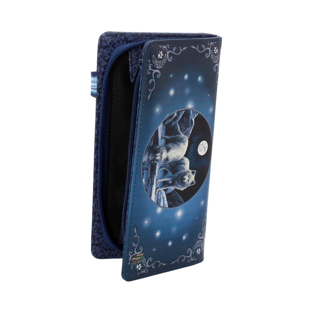 A blue wallet, depicting wolves under a full moon, is slightly open, showing its zippered interior. The design is detailed with stars and ornate borders.