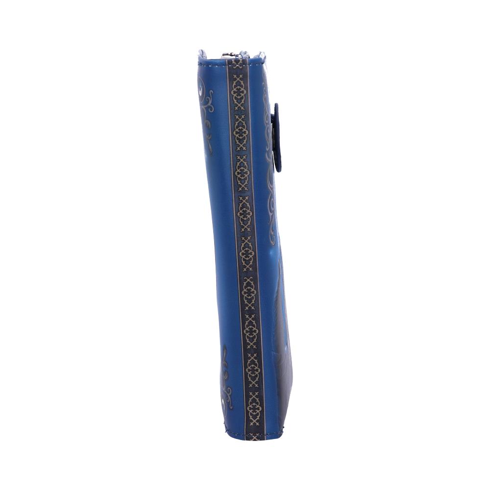 A blue wallet stands, decorated with an ornate pattern down the side and a dark shape filling most of the view, set against a plain white background.