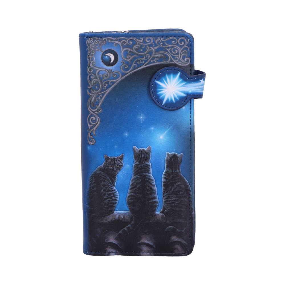 A rectangular blue wallet features three cats silhouetted on a wall beneath a starry, crescent moon sky, with a star on the closure.