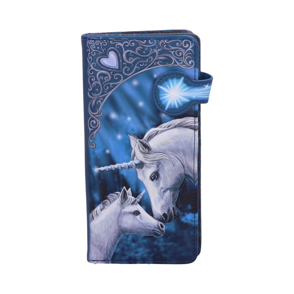 A blue wallet displays a mother and baby unicorn nestled together under a starry sky. The wallet has an ornate silver frame.
